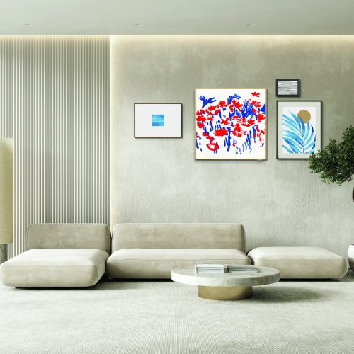 Contemporary interior with sofa, wall panel and decor. 3d render illustration mockup.